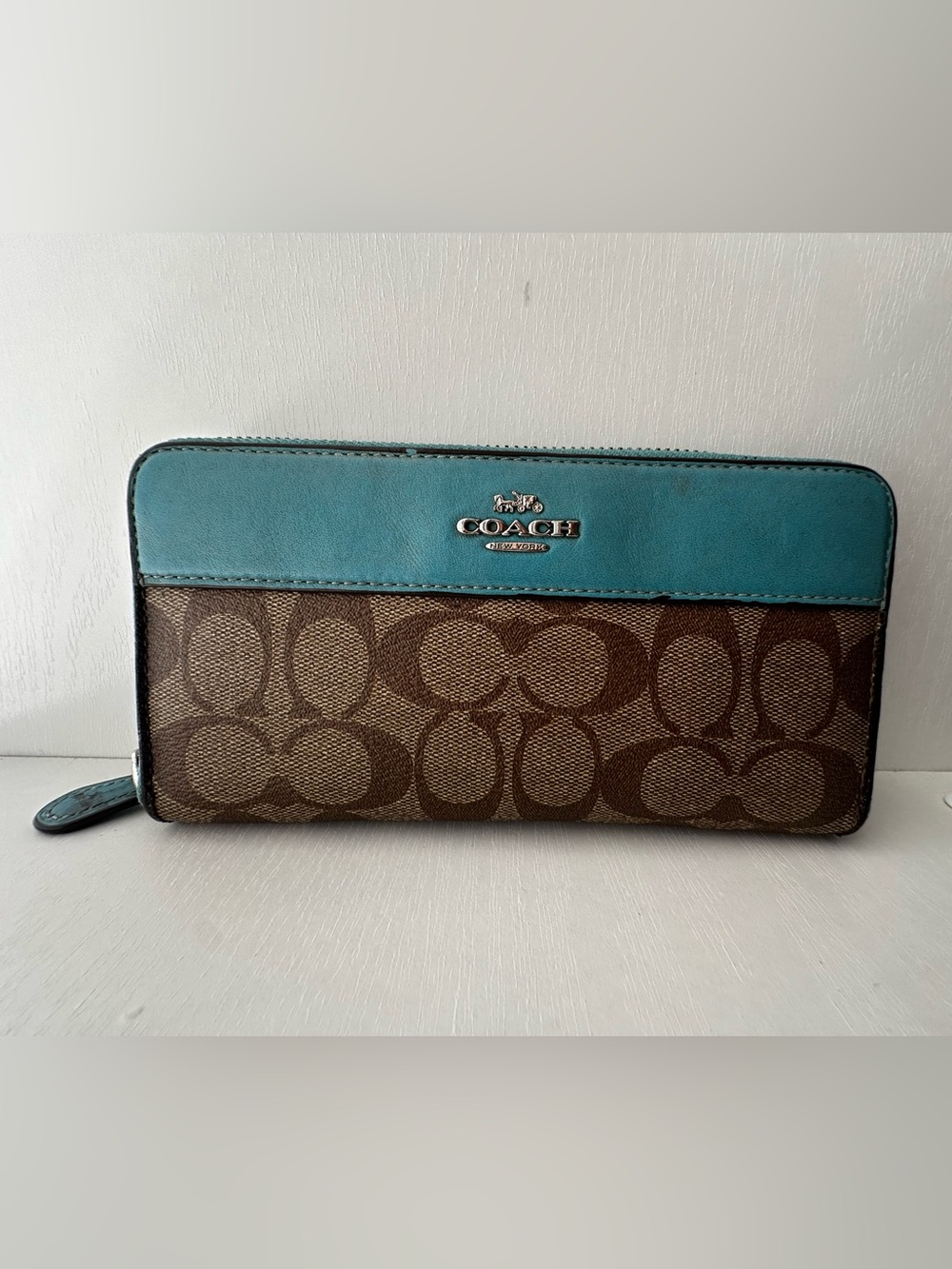 Coach Brown Signature Canvas Wallet with Teal Trim